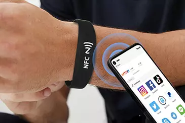 Tap NFC bracelet, share business cards, social media, etc.